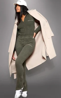 Sale PrettyLittleThing Khaki Print Washed Rib Half Zip Bodysuit Washed Khaki