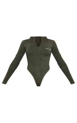 Sale PrettyLittleThing Khaki Print Washed Rib Half Zip Bodysuit Washed Khaki