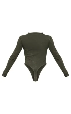 Sale PrettyLittleThing Khaki Print Washed Rib Half Zip Bodysuit Washed Khaki