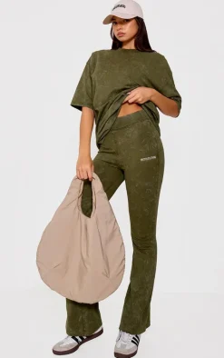 PrettyLittleThing Print Washed High Waist Flared Pants Khaki