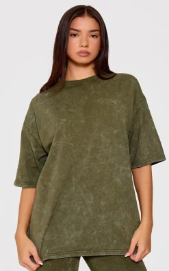 PrettyLittleThing Print Washed Oversized T-shirt Khaki