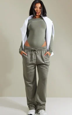 Sale PrettyLittleThing Straight Leg Logo Sweatpants Khaki