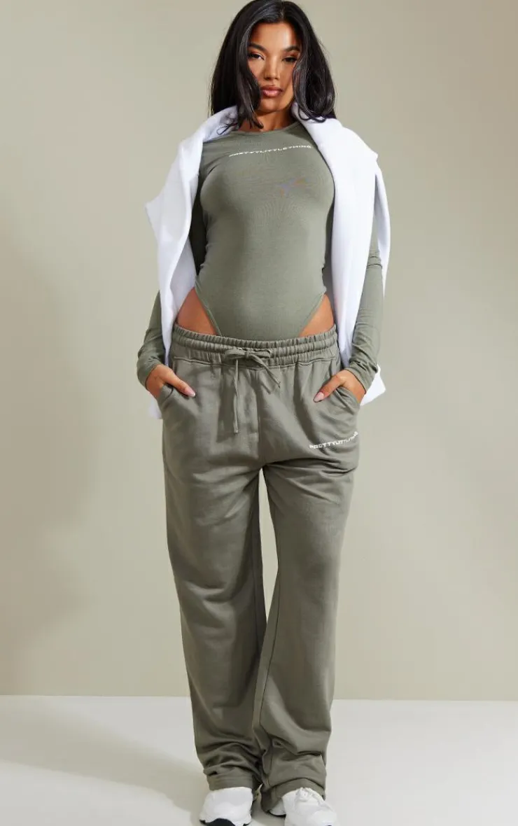 Sale PrettyLittleThing Straight Leg Logo Sweatpants Khaki