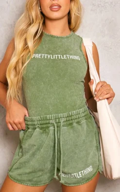 Clearance PrettyLittleThing Wash High Waisted Runner Shorts Khaki