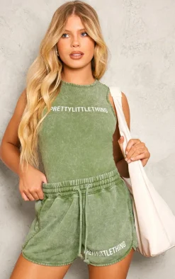 Online PrettyLittleThing Wash Racer Bodysuit Khaki