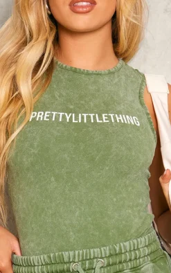 Online PrettyLittleThing Wash Racer Bodysuit Khaki