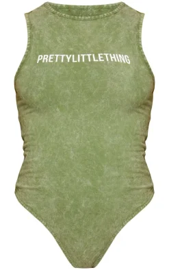 Online PrettyLittleThing Wash Racer Bodysuit Khaki