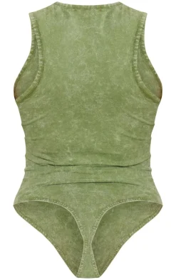 Online PrettyLittleThing Wash Racer Bodysuit Khaki