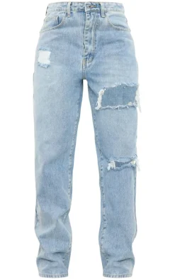 PRETTYLITTLETHING Light Blue Wash Open Knee Boyfriend Jeans