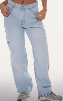 PRETTYLITTLETHING Light Blue Wash Thigh Split Boyfriend Jeans