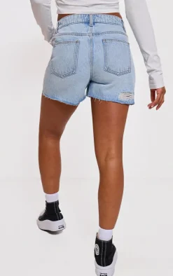 PRETTYLITTLETHING Light Blue Distressed High Rise Mom Denim Shorts