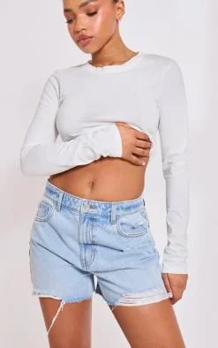 PRETTYLITTLETHING Light Blue Distressed High Rise Mom Denim Shorts