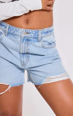 PRETTYLITTLETHING Light Blue Distressed High Rise Mom Denim Shorts
