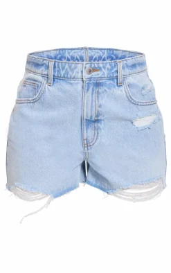 PRETTYLITTLETHING Light Blue Distressed High Rise Mom Denim Shorts