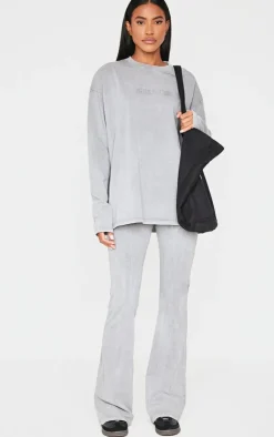 Sale PrettyLittleThing Embossed Logo Washed Skinny Flare Pants Light Grey