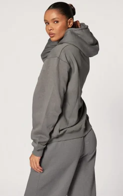 Online PrettyLittleThing Logo Est 2012 Oversized Fit Hoodie Charcoal Grey