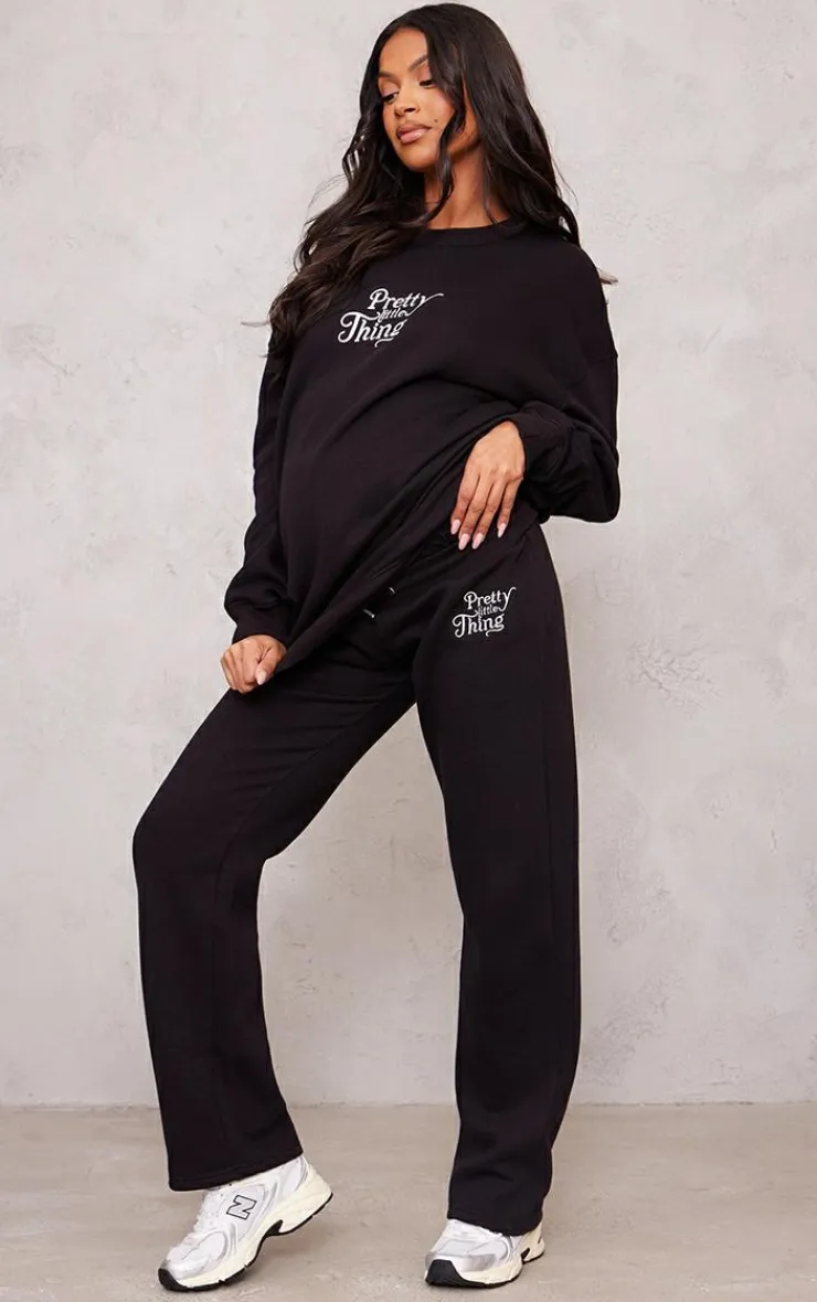 PrettyLittleThing Black Sweatsuits*Maternity Embroidered Wide Leg Sweatpants