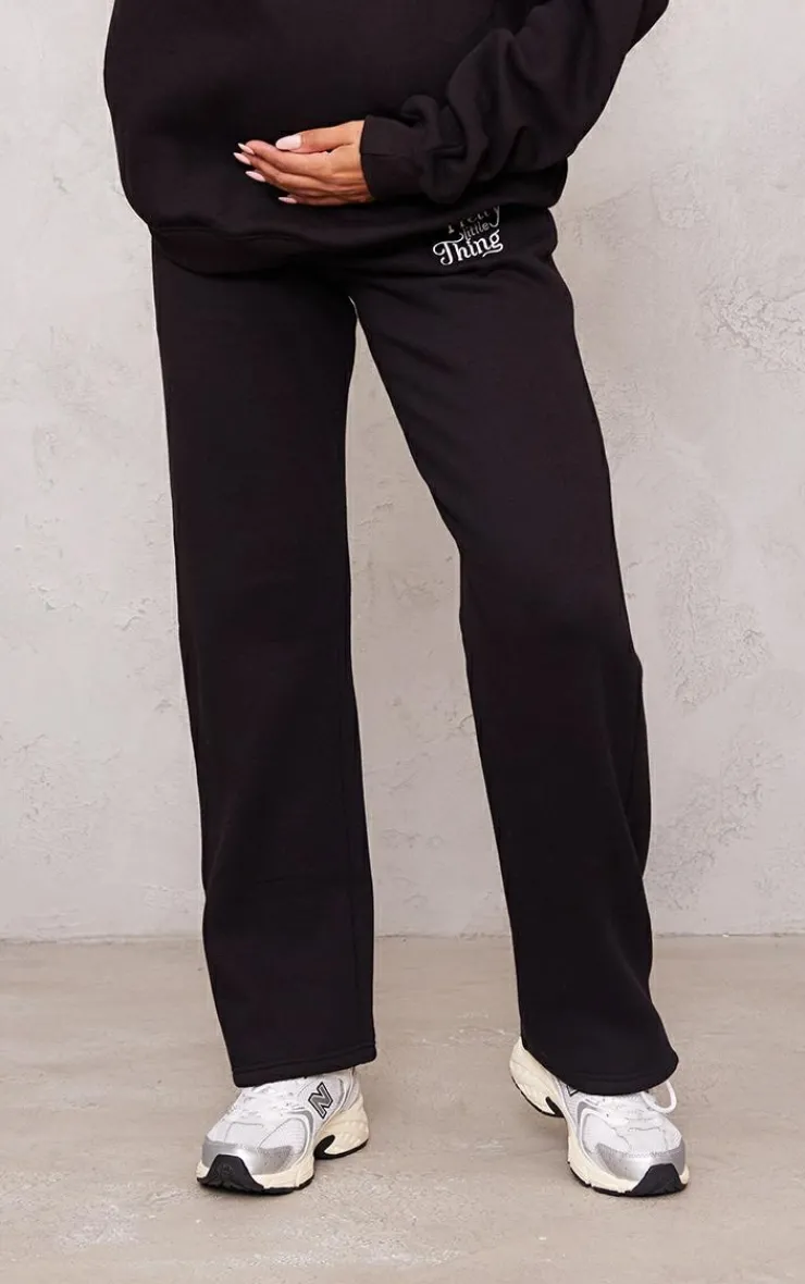 PrettyLittleThing Black Sweatsuits*Maternity Embroidered Wide Leg Sweatpants