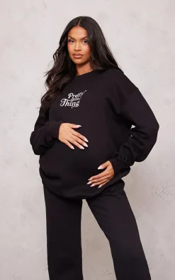 PrettyLittleThing Black Sweatsuits*Maternity Embroidered Oversized Sweatshirt