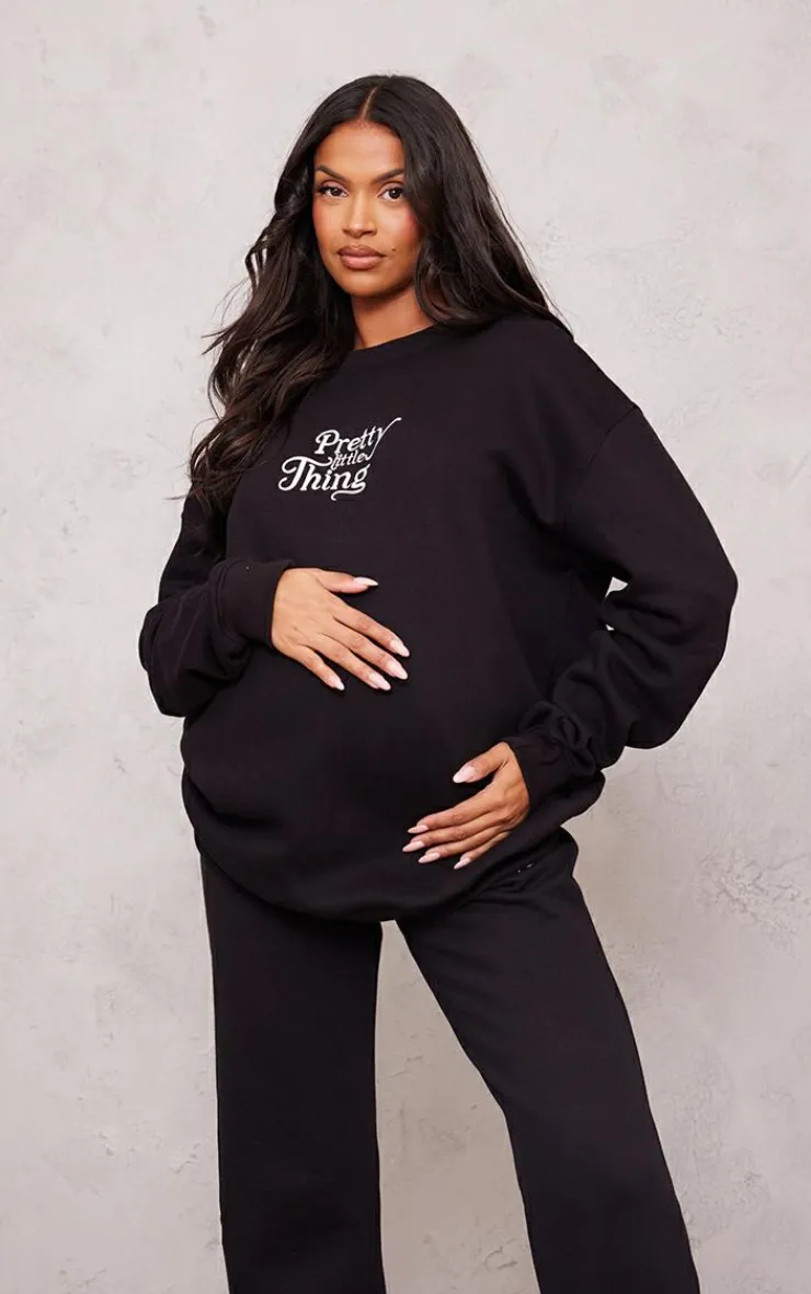 PrettyLittleThing Black Sweatsuits*Maternity Embroidered Oversized Sweatshirt