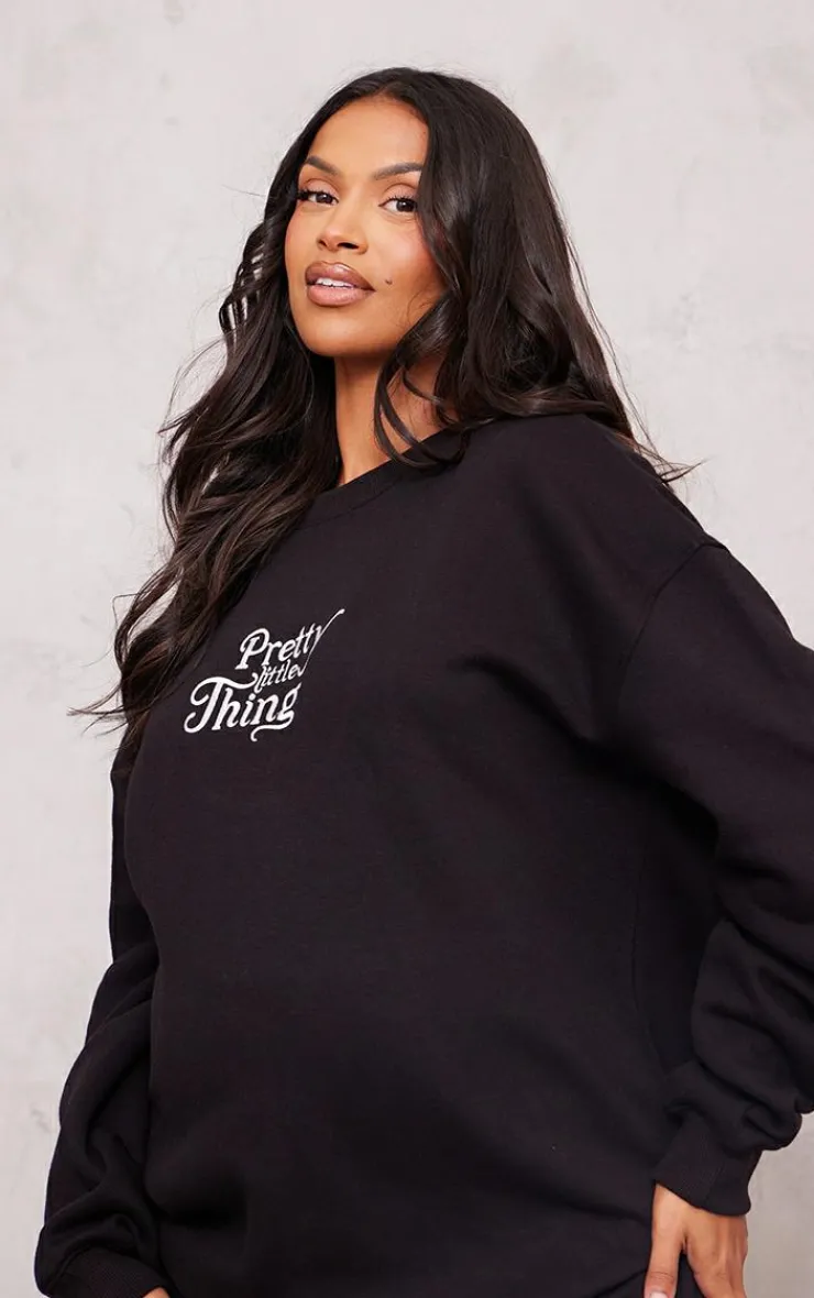 PrettyLittleThing Black Sweatsuits*Maternity Embroidered Oversized Sweatshirt