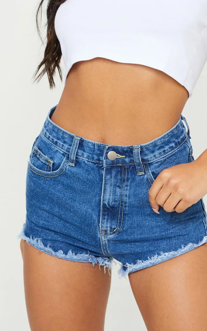 PRETTYLITTLETHING Mid Blue Wash Frayed Hem Denim Shorts