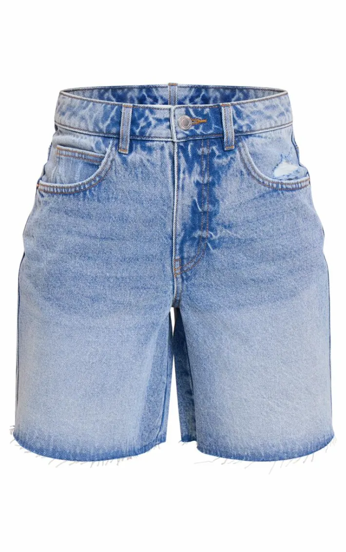 PRETTYLITTLETHING Mid Blue Wash Raw Hem Longline Loose Fit Denim Shorts