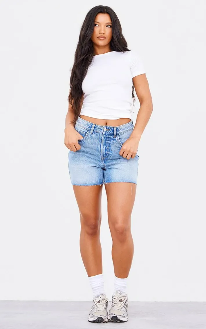 PRETTYLITTLETHING Mid Blue Wash Raw Hem Boyfriend Denim Shorts