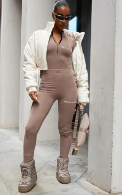 Outlet PrettyLittleThing Crinkle Rib Split Hem Leggings Mocha