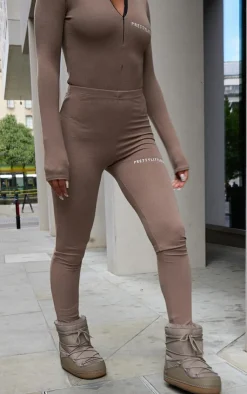 Outlet PrettyLittleThing Crinkle Rib Split Hem Leggings Mocha