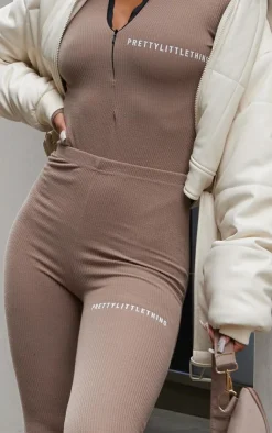 Outlet PrettyLittleThing Crinkle Rib Split Hem Leggings Mocha