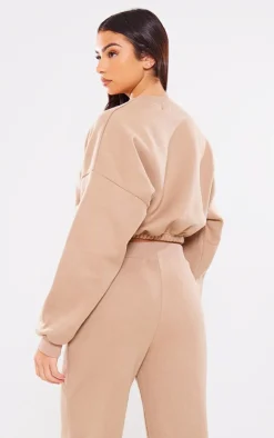 Sale PrettyLittleThing Logo Oversized Cinched Cropped Sweatshirt Mocha