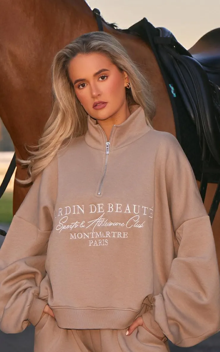 Discount PrettyLittleThing Logo Embroidered Half Zip Sweatshirt Mocha