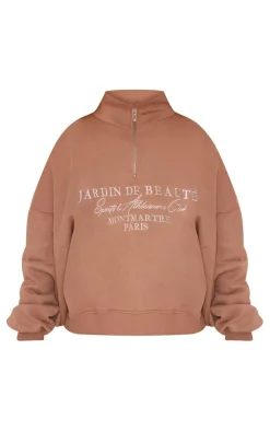 Discount PrettyLittleThing Logo Embroidered Half Zip Sweatshirt Mocha