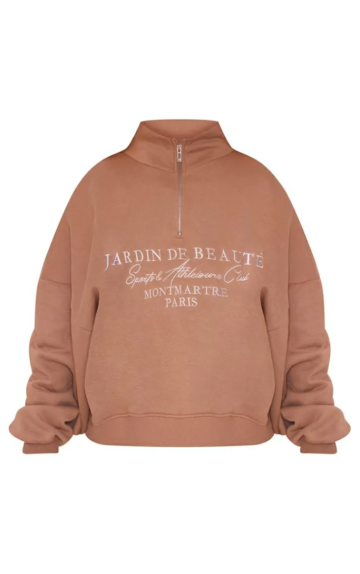Discount PrettyLittleThing Logo Embroidered Half Zip Sweatshirt Mocha