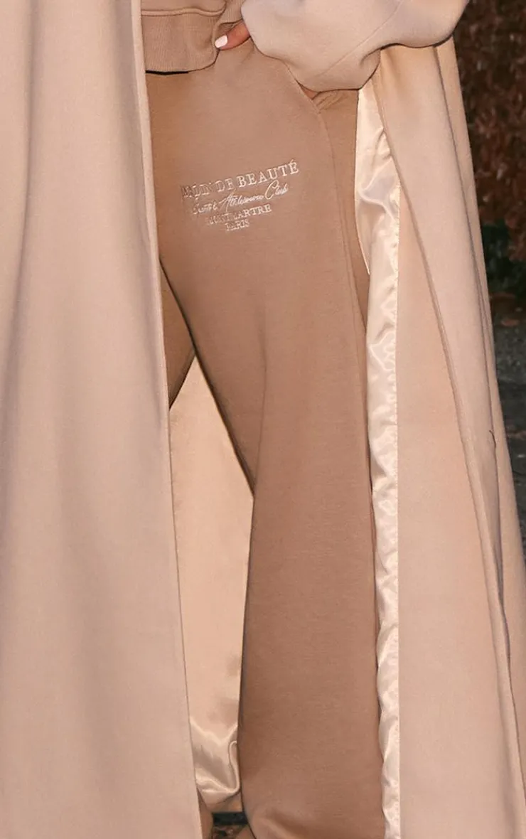 Discount PrettyLittleThing Logo Embroidered Wide Leg Sweatpants Mocha