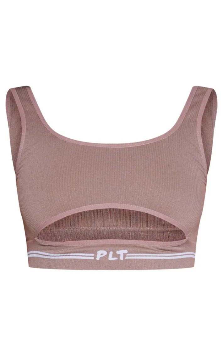 PRETTYLITTLETHING Mocha Seamless Rib Cut Out Bralette