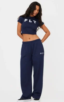 New PrettyLittleThing Contrast Binding Wide Leg Sweatpants Navy
