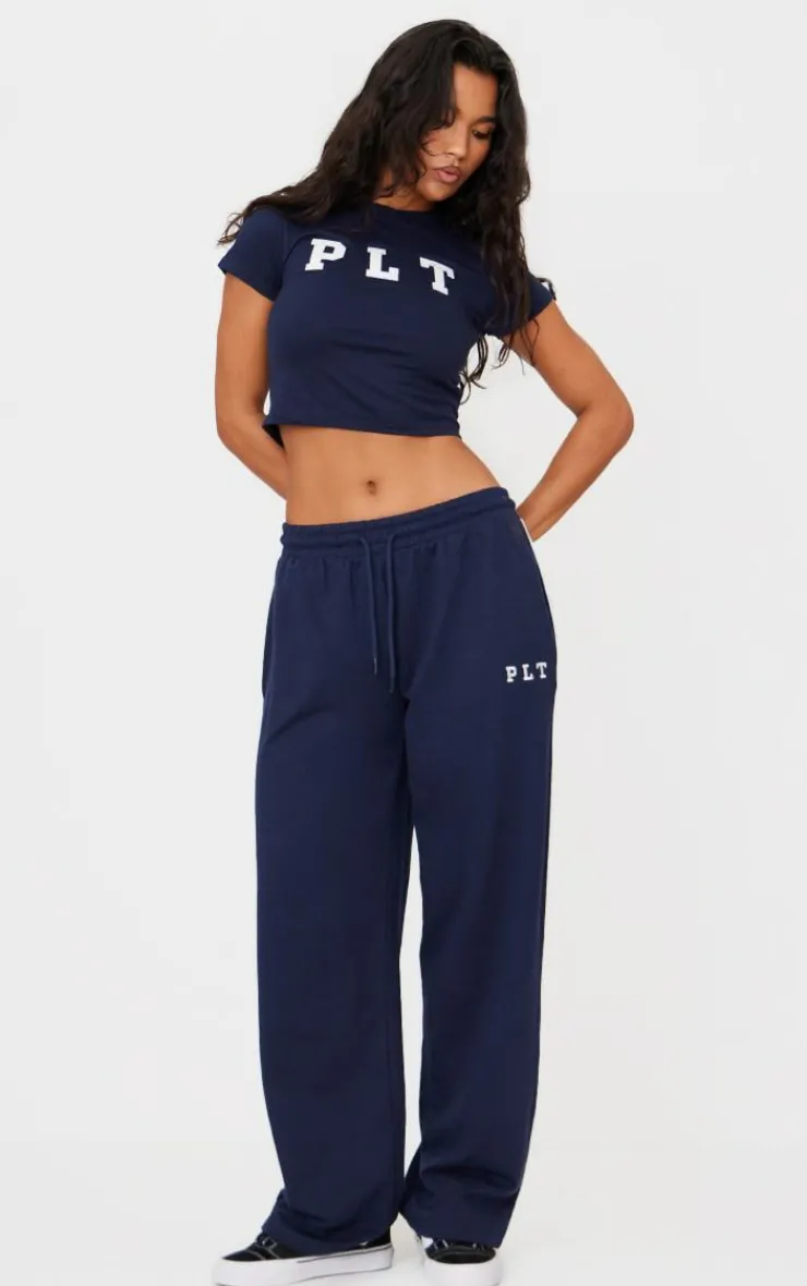 New PrettyLittleThing Contrast Binding Wide Leg Sweatpants Navy