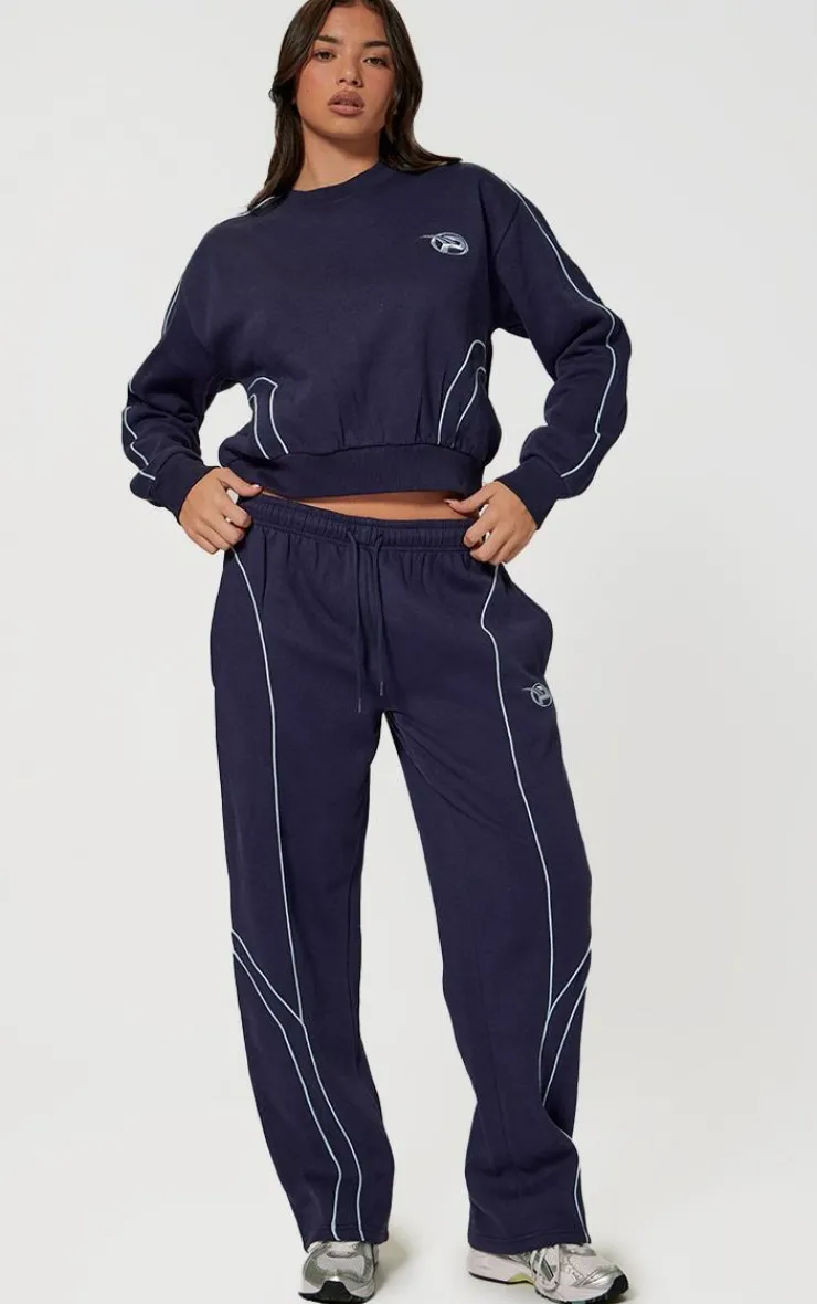 Clearance PrettyLittleThing Embroidered Contrast Piping Sweatshirt Navy
