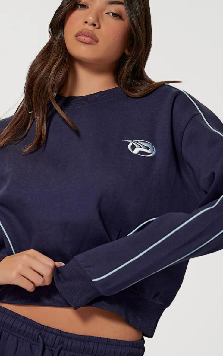 Clearance PrettyLittleThing Embroidered Contrast Piping Sweatshirt Navy