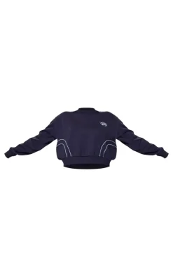 Clearance PrettyLittleThing Embroidered Contrast Piping Sweatshirt Navy