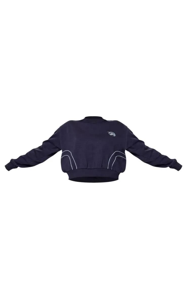 Clearance PrettyLittleThing Embroidered Contrast Piping Sweatshirt Navy