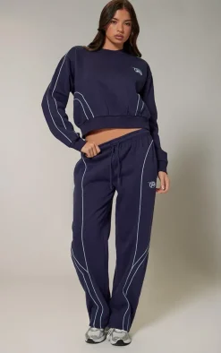 Outlet PrettyLittleThing Embroidered Contrast Piping Straight Leg Sweatpants Navy