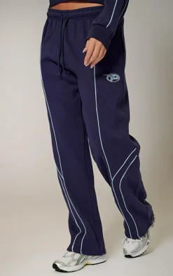Outlet PrettyLittleThing Embroidered Contrast Piping Straight Leg Sweatpants Navy