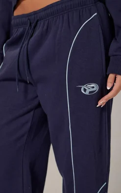 Outlet PrettyLittleThing Embroidered Contrast Piping Straight Leg Sweatpants Navy
