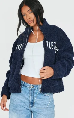PRETTYLITTLETHING Navy Graphic Zip Up Fleece Jacket