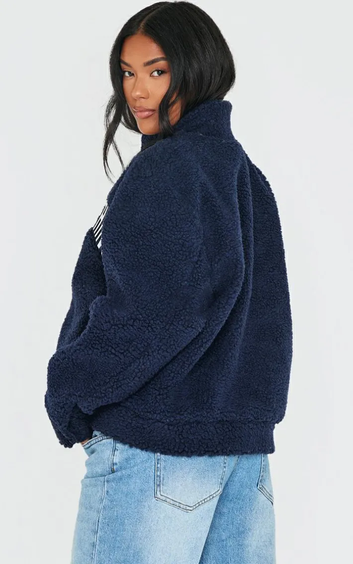 PRETTYLITTLETHING Navy Graphic Zip Up Fleece Jacket