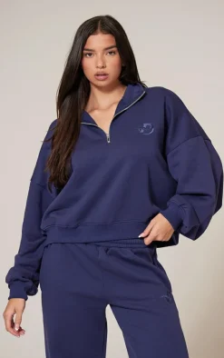Hot PrettyLittleThing Half Zip Embroidered Sweatshirt Navy