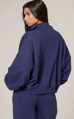 Hot PrettyLittleThing Half Zip Embroidered Sweatshirt Navy